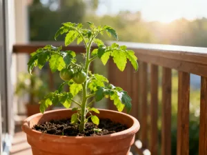 Ogrodnik aplikuje nawóz organiczny pod krzak pomidora w słonecznym ogrodzie, wspierając wzrost zdrowych roślin.