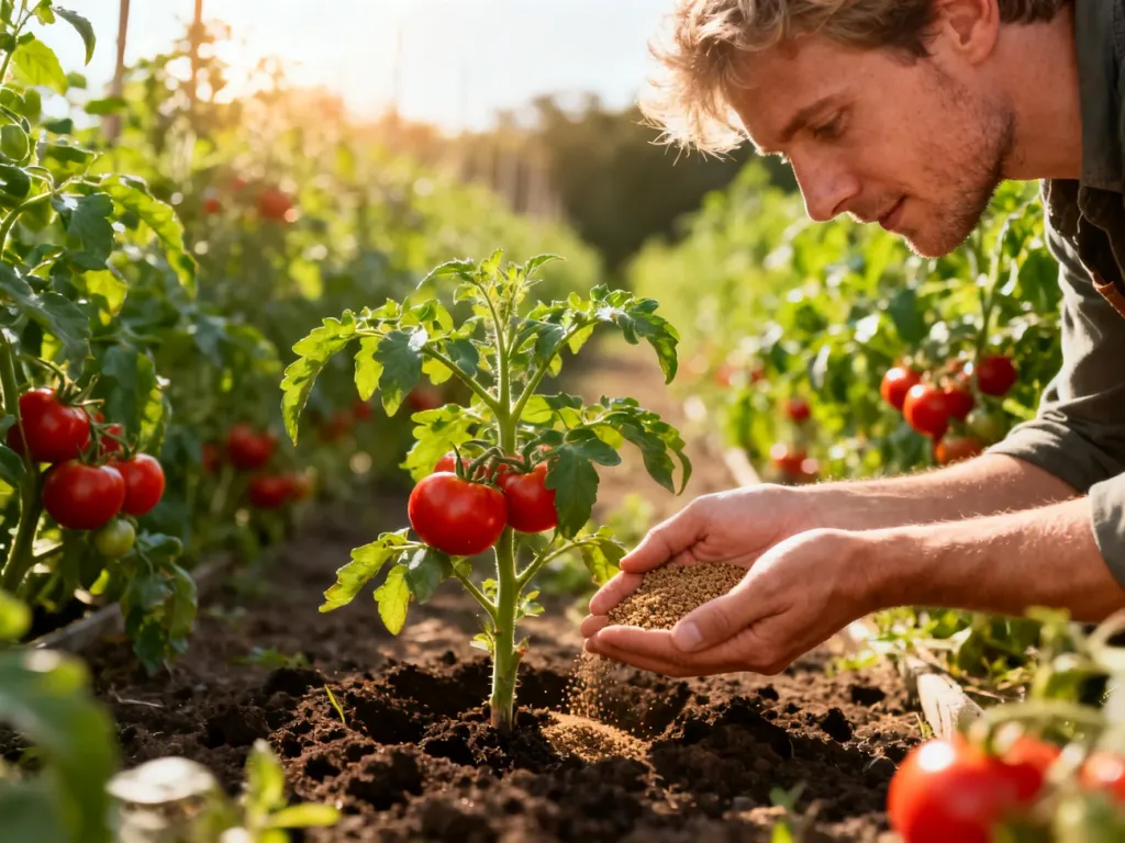 Ogrodnik aplikuje nawóz organiczny pod krzak pomidora w słonecznym ogrodzie, wspierając wzrost zdrowych roślin.