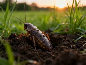 Zbliżenie na liść hortensji z widocznymi brązowymi czerwcami żerującymi na łodydze w słonecznym ogrodzie.