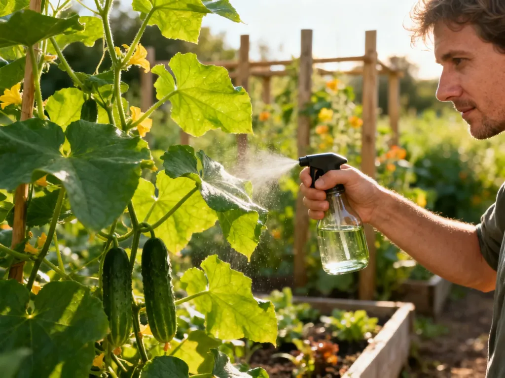 Osoba spryskuje liście ogórków naturalnym preparatem w słonecznym ogrodzie, chroniąc rośliny przed chorobami.